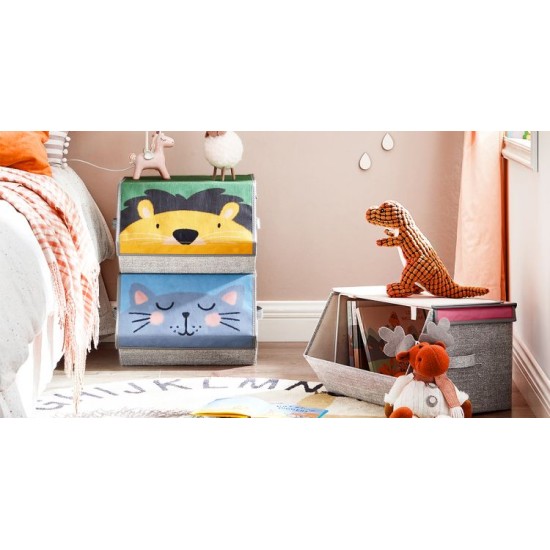 Kids Animal Theme Folding Organiser with Handles Magnetic Lid for Kid's Room Playroom Stackable Toy Organiser Boxes