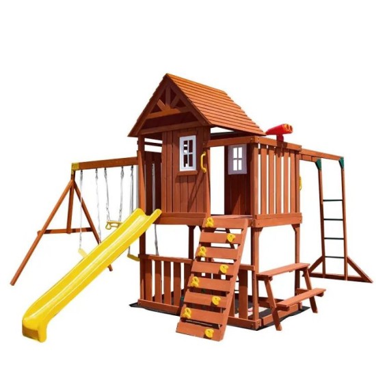 outdoor wooden Two-story play house with swing and slide set