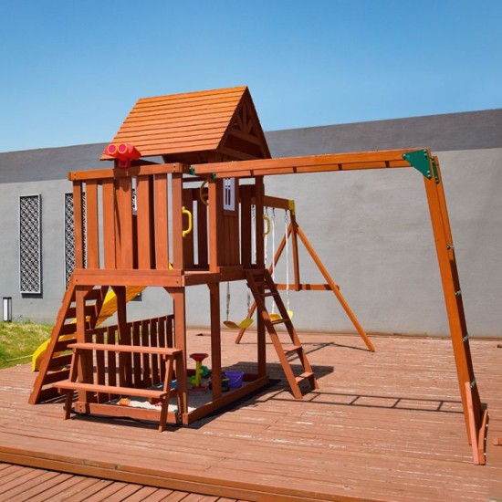 outdoor wooden Two-story play house with swing and slide set