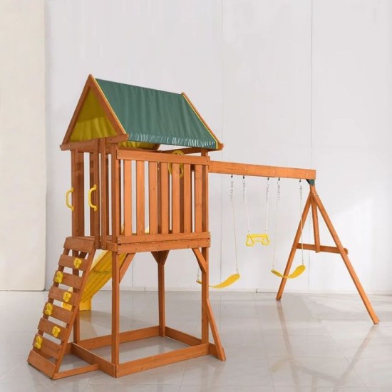 outdoor Two-storey playhouse with swing set and sanbox