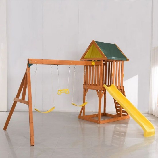 outdoor Two-storey playhouse with swing set and sanbox